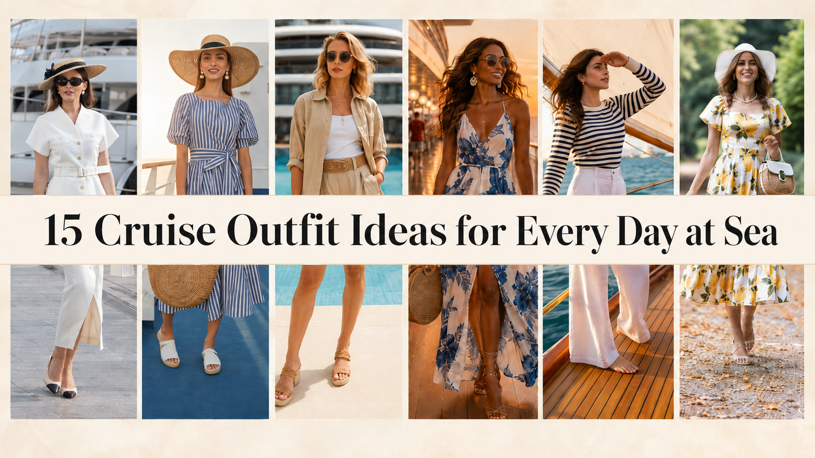 Cruise outfit ideas for women with dresses, linen outfits, straw hats, sandals, and vacation looks for every day at sea