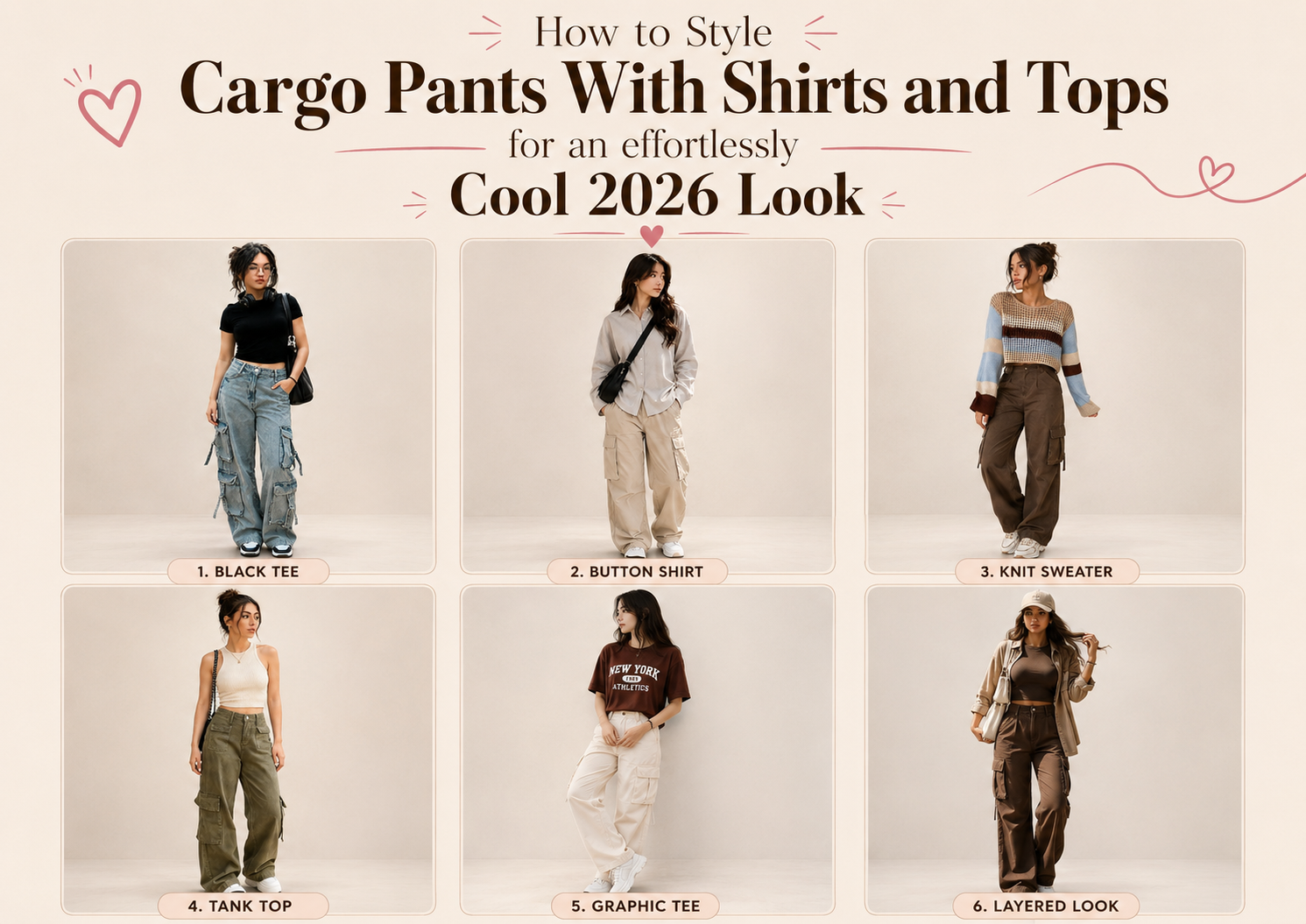 Cargo pants and shirts outfits for women featuring casual tops, button-down shirts, sneakers, and cool 2026 styling ideas