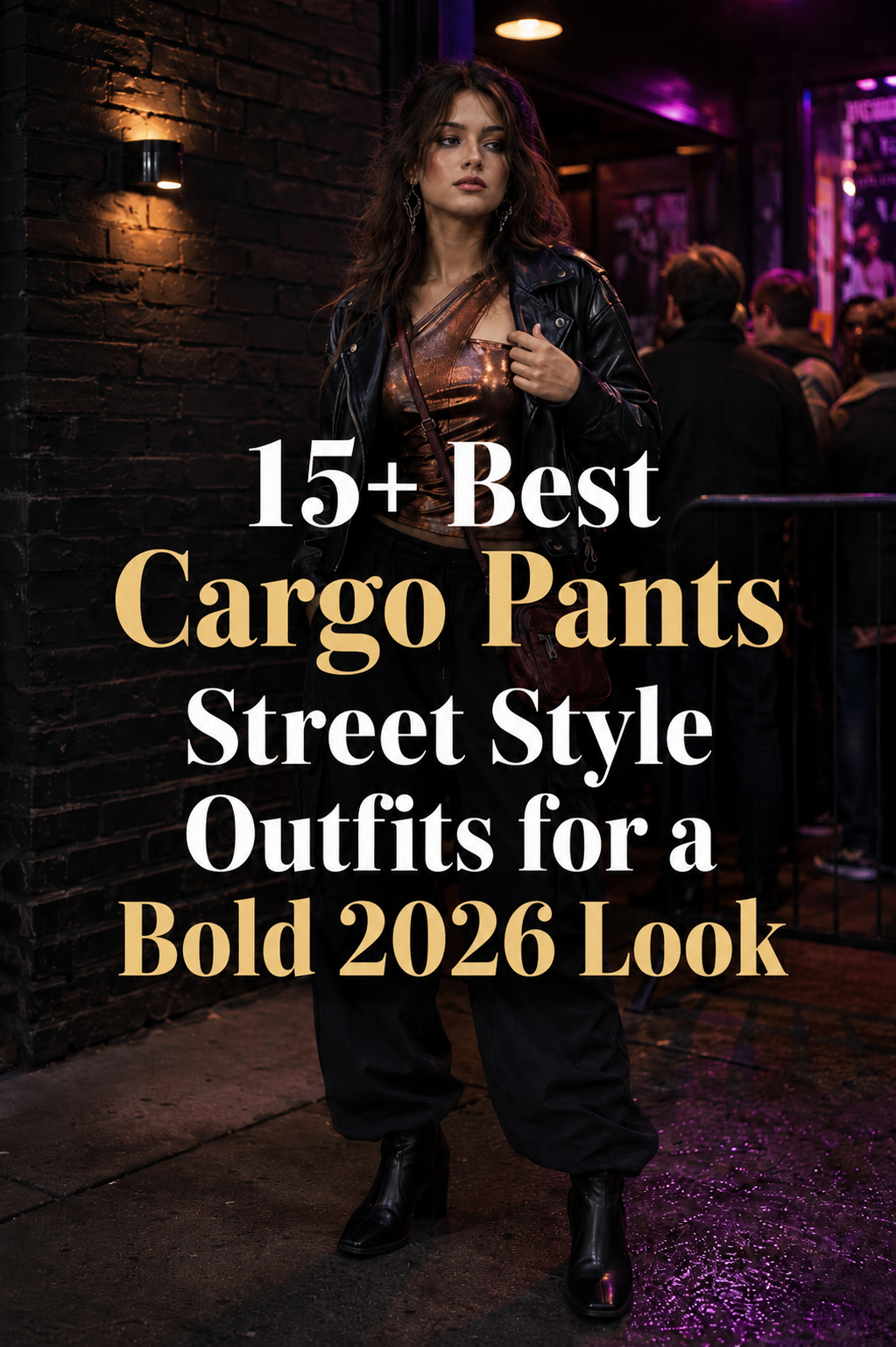Cargo Pants Street Style outfit featuring black cargo pants, a metallic copper top, and a cropped leather jacket outside a concert venue, with the title “15+ Best Cargo Pants Street Style Outfits for a Bold 2026 Look.”