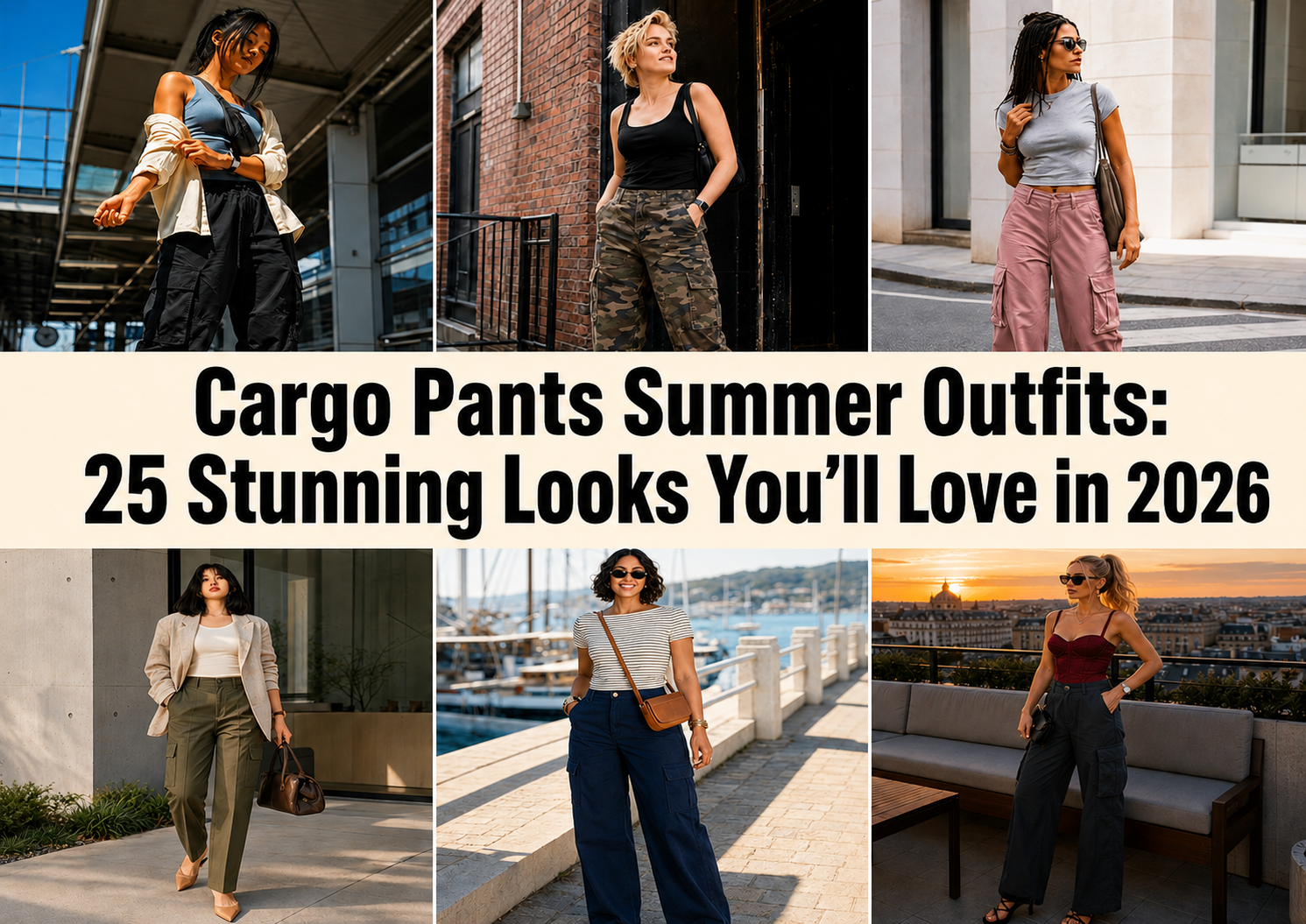 Six stylish cargo pants summer outfits featuring black, camo, pink, olive, navy and charcoal cargo pants for women in 2026.