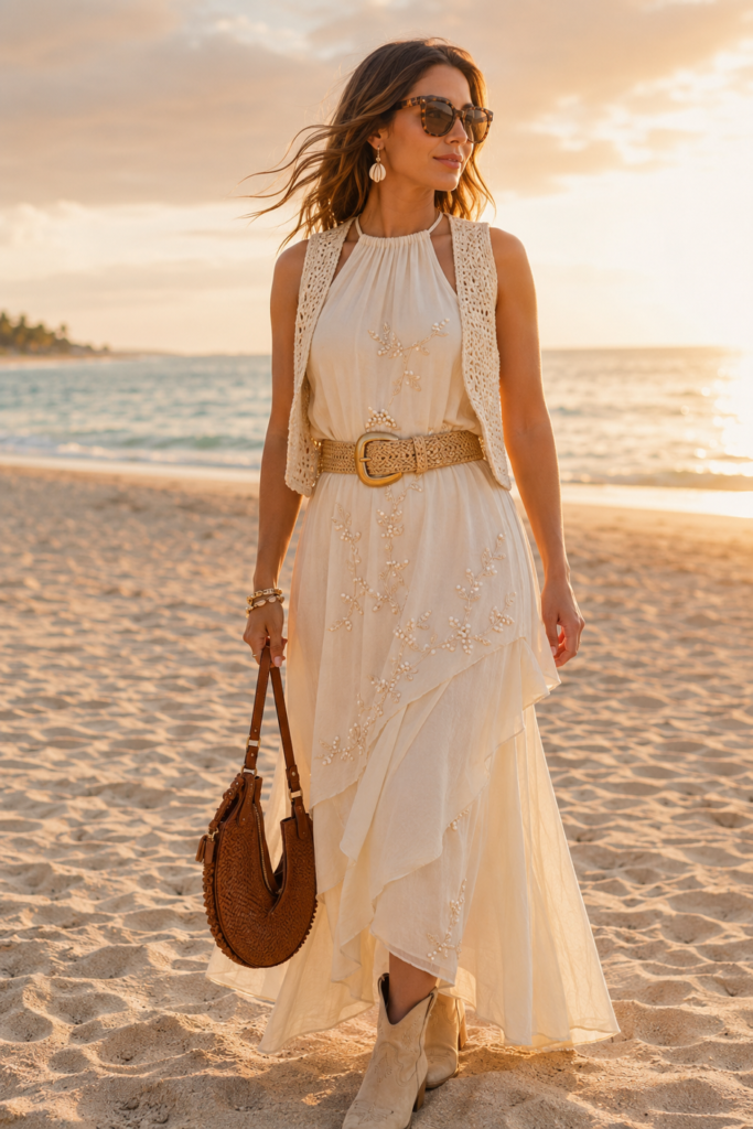 Woman wearing a cream embroidered maxi dress with a crochet vest, woven belt, sunglasses, and brown bag on the beach