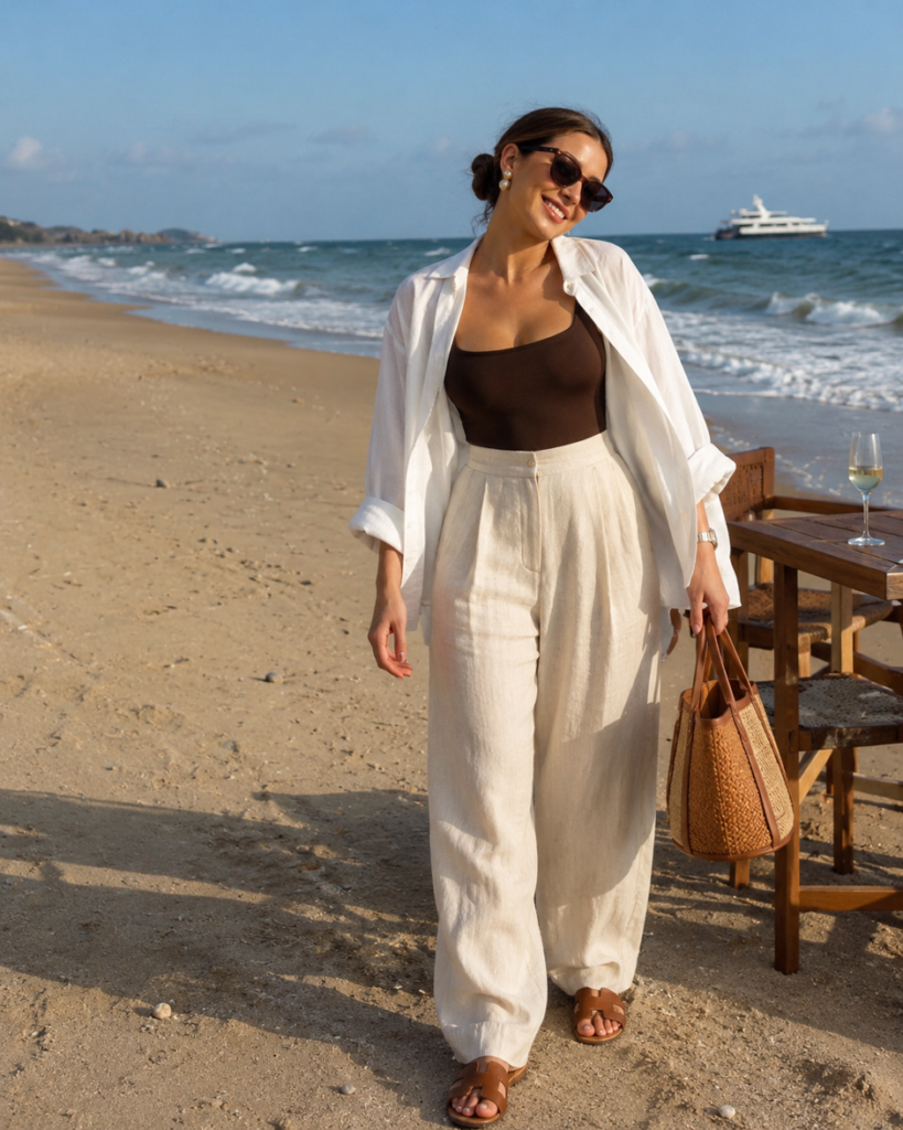 Woman wearing white linen wide-leg pants with a brown top, oversized white shirt, sunglasses, and woven handbag on the beach