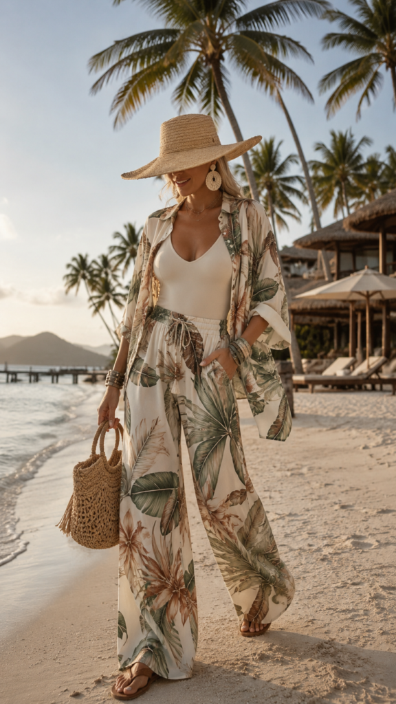 Woman wearing a tropical print wide-leg beach resort outfit with a white top, straw hat, statement earrings, and woven handbag